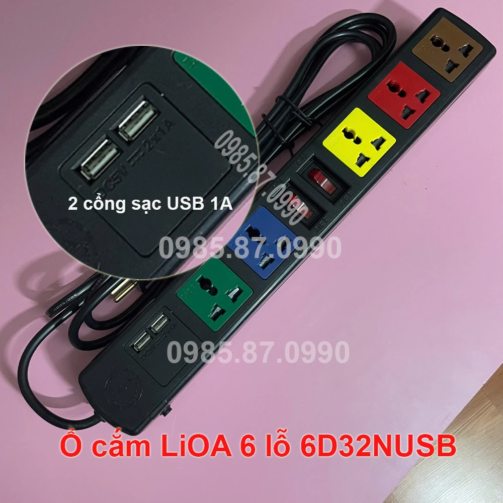 Ổ cắm LiOA 6 Lỗ 6D32NUSB Ổ 3 Chấu Có Cổng Sạc USB 1A 1 ổ cắm lioa 6 lỗ 3m 6d32nusb